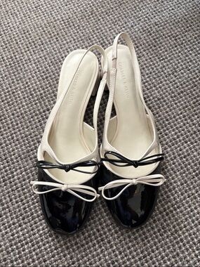 Charles & Keith Black Patent and Cream Slingback Flats with Bows